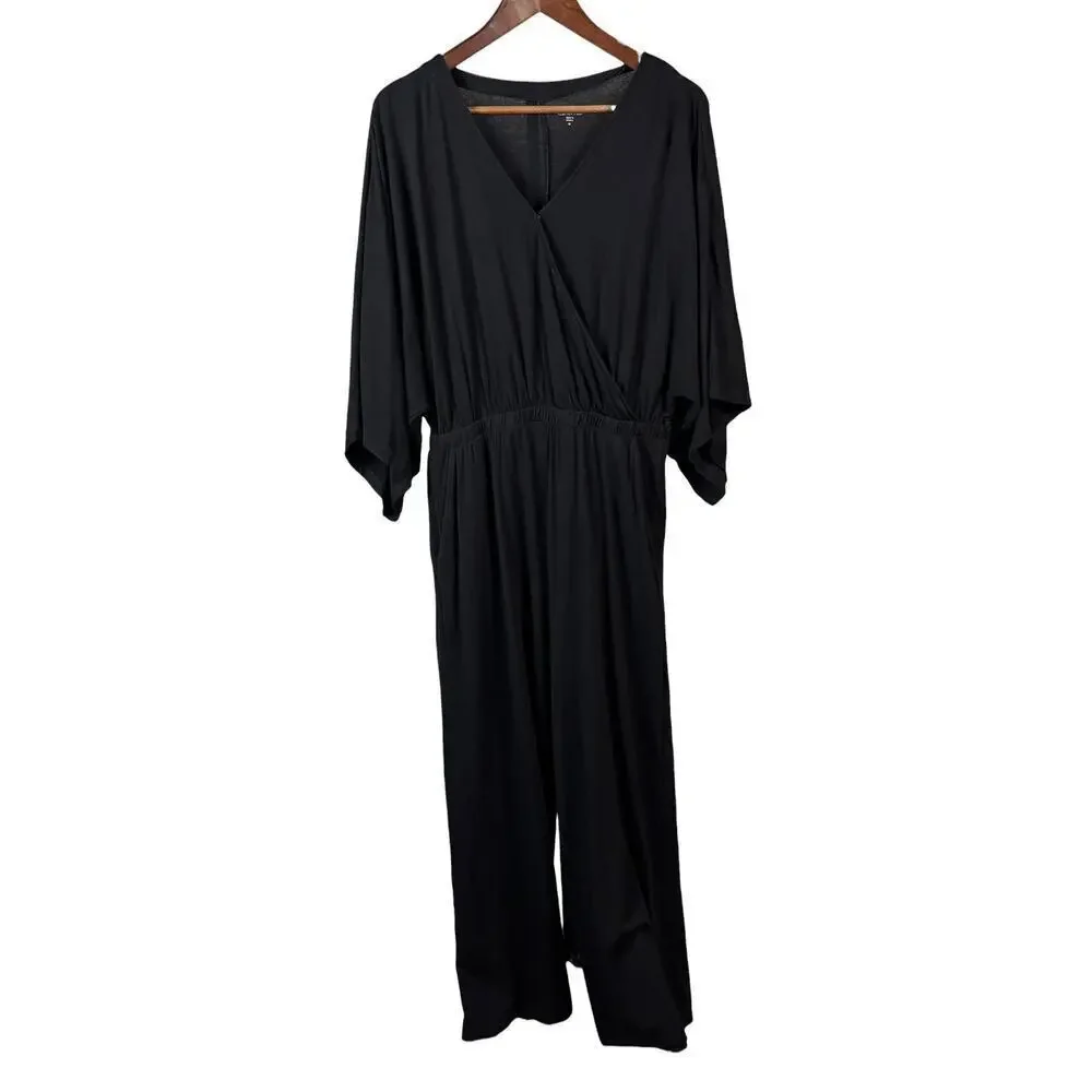 Garnet Hill Prato Knit Jumpsuit Size Medium Kimono Sleeve Wide Leg Black Pockets